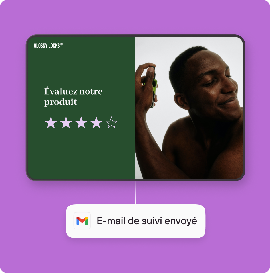 A man sprays a product on his shoulder with text prompting to rate the product and showing a four-star rating.